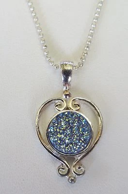 Women's Silver Plated Heart  Sajen Blue Druzy Quartz Pendant  w/18 Inch Chain - Image 1 of 3