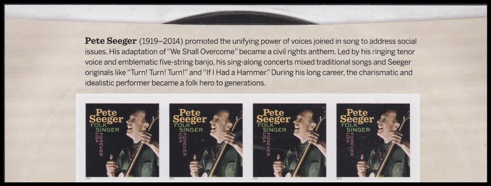 US 5708a Music Icons Pete Seeger imperf NDC header strip 4 MNH 2022 - Image 1 of 1