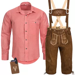 Trachtenset Herren Trachtenlederhose Trachten Set Träger Hemd Tasche Oktoberfest - Bild 1 von 8