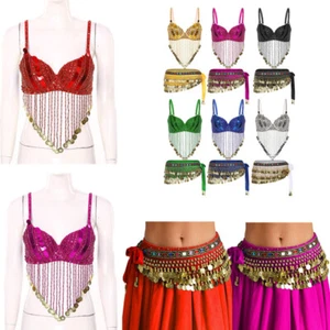 Women's Belly Dance Bra Top with Waist Chain Hip Scarf Fringe Rave Party Outfits - Picture 1 of 97