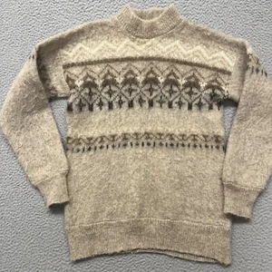 Vtg Alafoss Icewool Sweater Womens S Tan Wool Fair Isle Nordic Mock Neck - Picture 1 of 12