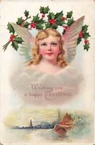 Weihnachtsengel Postkarte schöner Engel mit Stechpalmenstadt PM 1909 U5 - Bild 1 von 2