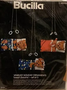 Bucilla Felt Holiday Ornaments Teddy Bear SWEET DREAMS Set of 3 #48616 NIP - Picture 1 of 2