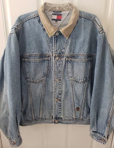 Vintage Tommy Hilfiger Men's 1980's Demin Jean Jacket LARGE Side Pockets Logo - Picture 1 of 14