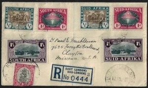 SUDAFRICA US 1939 REGISTRATO FDC SET Sc B9 B11 EAST LONDON TO CLAYTON MISSOU - Foto 1 di 2