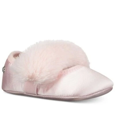 NEW UGG Baby Infant Fluff Light Pink Satin Faux Fur Puff Trim Dress Ballet Flats - Image 1 of 4