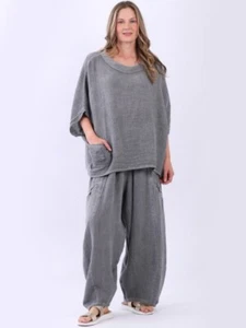 pantalón y top lagenlook 2 piezas gris estilo holgado talla 14-20 mezcla lino - Imagen 1 de 1