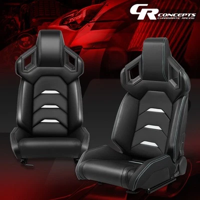 2Pcs Universal Reclinable Black Vinyl Racing Seats w/ Sliders White Stitching - Image 1 of 4