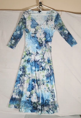 Vestido plisado arrugado Komarov para mujer L azul verde floral midi romántico encaje Foto 1 de 4