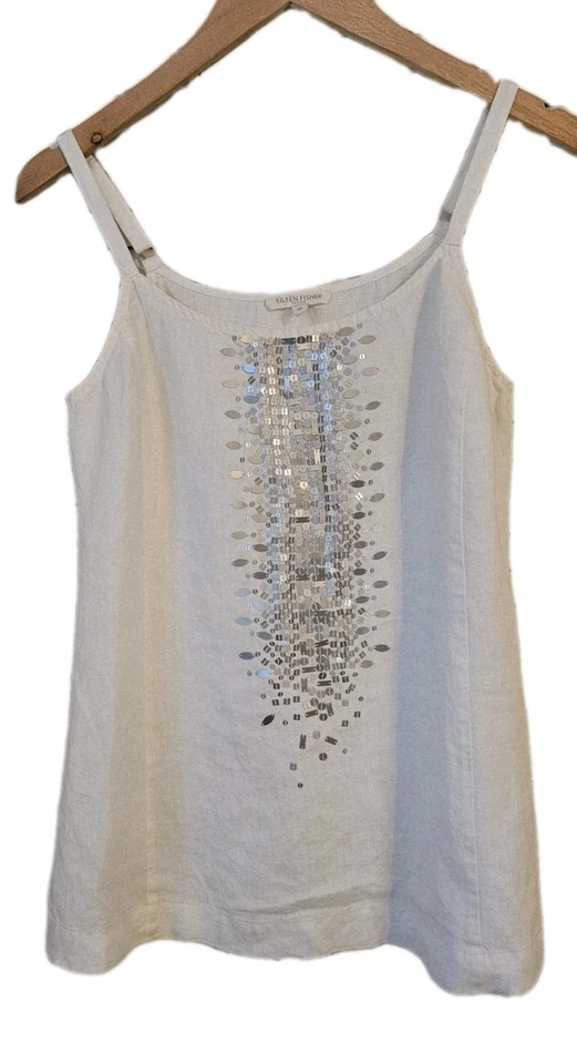 Camiseta sin mangas Eileen Fisher 100 % lino orgánico con cuentas boho crema Lagenlook S Petite  Foto 1 de 4
