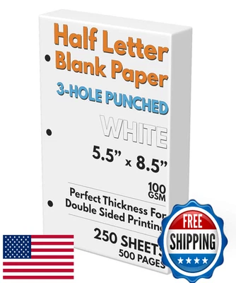 Пустая бумага на половину буквы, перфорированная с 3 отверстиями, 250 листов, 100 GSM, заправка принтера - Изображение 1 из 4