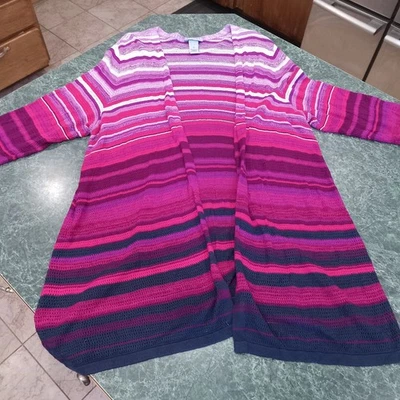 Catherines Open Knit Long Sweater Cardigan Plus Size 2X Pink Purple Ombré Stripe - Image 1 of 4