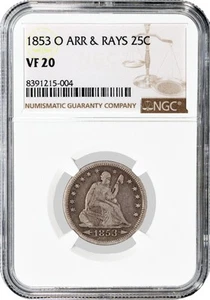 1853 O Arrows & Rays 25C Seated Liberty Quarter Silver NGC VF20 Circulated Coin - Picture 1 of 4