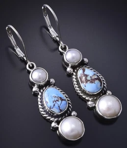 Orecchini Navajo Argento e Colline Dorate Turchese Perle Fresche di Erick Begay 5H02F - Foto 1 di 6