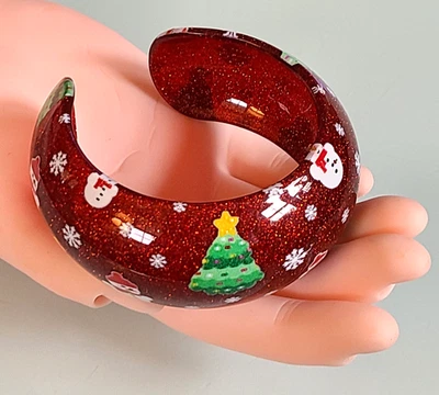 PULSERA BRAZALETE FELIZ NAVIDAD RESINA ROJO BRILLO CON COPO DE NIEVE ÁRBOL Y MUÑECO DE NIEVE Foto 1 de 4