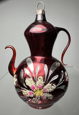 Tetera de café roja de colección vidrio recocido adorno de Navidad Alemania mica estampada Foto 1 de 4