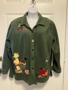 Quacker Factory Sz 2X Sage Green Autumn Fall Pumpkin Embroidered Fleece Jacket - Picture 1 of 8
