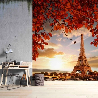 3D Eiffel Tower Red Leaves Landscape Wall Murals Wallpaper Murals Wall Sticker - Image 1 of 4