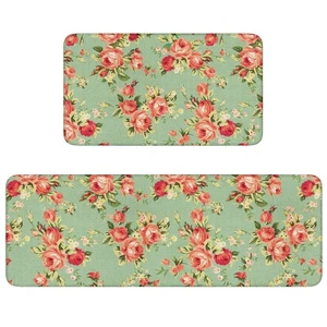 Retro Light Green Floral Kitchen Rugs 2 Piece Set Non Skid, Washable Boho Rug... - Bild 1 von 7
