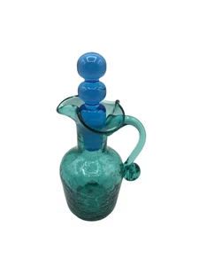 Vintage Teal Green Blue Crackle Glass Cruet Pitcher Stopper Art Glass Handled - Picture 1 of 8