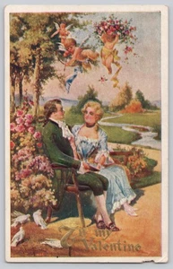 1908 Valentine Postcard Cupid Couple Garden Scene Embossed Cherubs Romantic - Picture 1 of 3