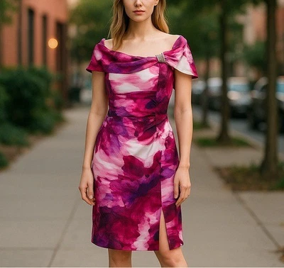 NWT Women  Eliza J Floral Vibrant Pink Scuba Dress SZ-16 Rhinestone  Brooch - Image 1 of 4