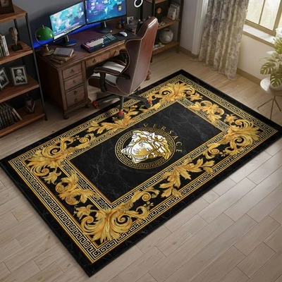 Black Gold Versace Rug, Greek Key Carpet, Ornate Versace Style Mat Decor - Image 1 of 4