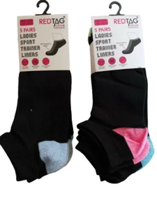 New Ladies 5 Pairs Trainer Liner Black Socks with Coloured Heel & Toes UK 4-8 - Picture 1 of 1