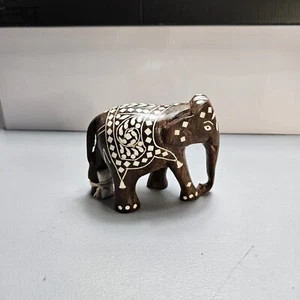 Wooden Elephant Statue Hand Carved Solid Wood With  Tusks 3”Tall - Picture 1 of 5