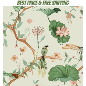 16.14" X 118" Floral Peel and Stick Wallpaper Lotus Leaf Birds Self Adhesive - Picture 1 of 7