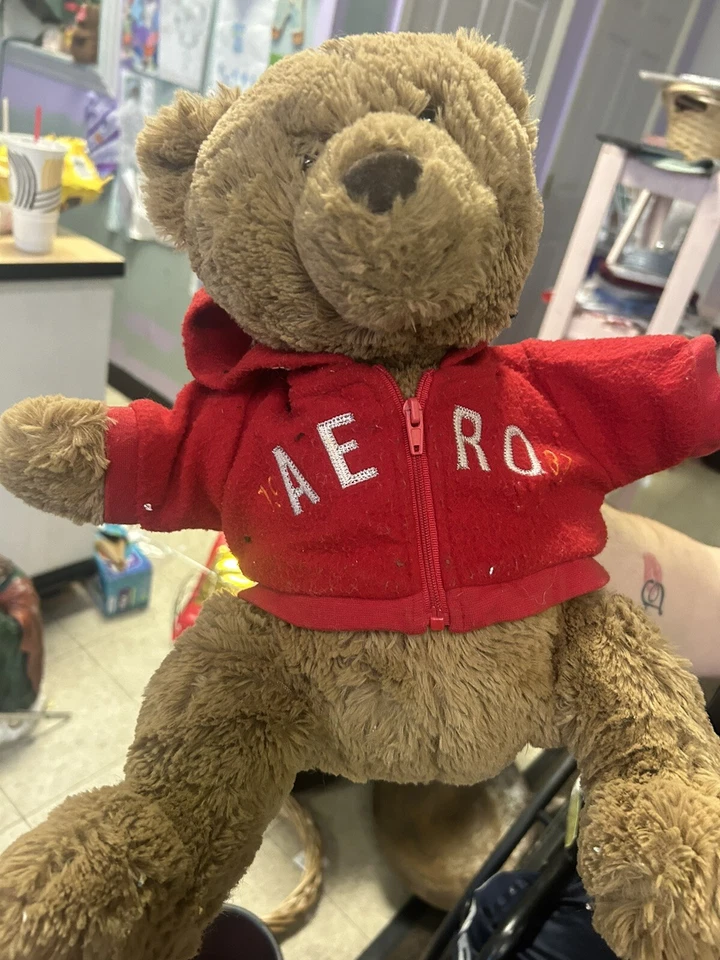 "Oso de peluche marrón Aeropostale 16"" felpa con capucha roja con cremallera con capucha "Aero 87" 2009" Foto 1 de 1