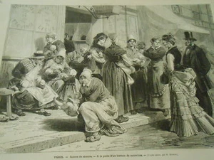 Gravure 1874 - Paris scènes de moeurs a la porte d'un bureau de nourrices - Foto 1 di 1