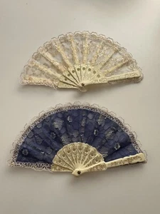 RARE Vintage Hand Held Folding Fan Lot of 2 Gold Beige Cream Blue Floral Lace - Picture 1 of 12