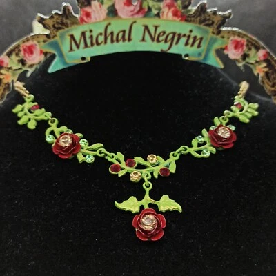 Collar Michal Negrin Rosas Declaración Esmalte Rojo Con Cristales Swarovski Regalo Foto 1 de 4