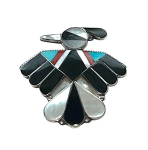 Colgante Pin Zuni Thunderbird Esterlina - Incrustación de Piedra Ónix Abulón Coral Turquesa - Imagen 1 de 2