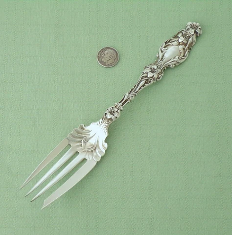Antique WHITING Sterling Silver LILY Small Cold MEAT FORK 7 3/4" Lg Mono Removal Cover