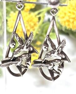 KABANA Sterling Silver 925 3D Hummingbirds Dangle Pierced Earrings 1.75” L  7.3g