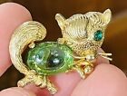 Vintage Signed Castlecliff Green Glass Belly Cab Rhinestone Squirrel Brooch Pin