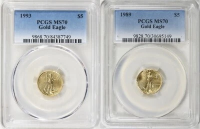 1989 & 1993 $5 GOLD EAGLE PCGS MS70 LOW POP * Low Mintage 2 COIN SET - Image 1 of 3