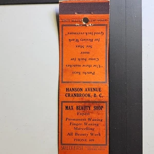 Max Beauty Shop Cranbrook BC Vintage Arancione Pubblicità Matchbook - Foto 1 di 3