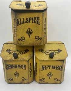 Set 3 Vintage Ohio Großhandel gelb Toleware Metall Gewürzdosen Klappdeckel Bauernhaus - Bild 1 von 9