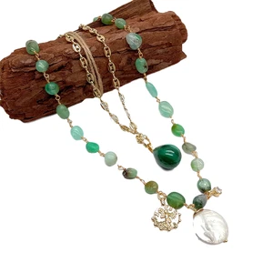 18" 2 Strands Green Chrysoprase Chain Necklace Coin Pearl Malachite Charm - Picture 1 of 7