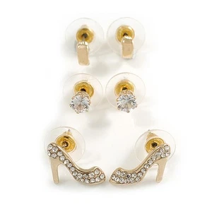 3 Pair Set of Shoe/Hook/Round Crystal Stud Earrings in Gold Tone - Picture 1 of 6
