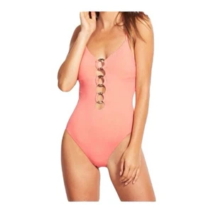 SEAFOLLY Ring Front Maillot One Piece Swimsuit Bathing Suit Size US 12 Peach - Picture 1 of 5
