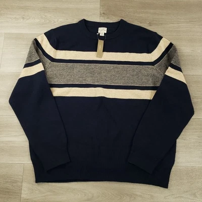 J Crew Sweater Men's XXL Merino Wool Blend Blue Tan Gray Stripe Crew Neck NEW - Image 1 of 4