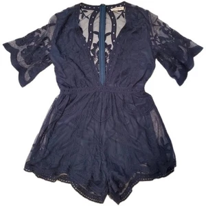 Pagliaccetto corto in pizzo blu American Threads zip foderato sul retro maniche svasate taglia M - Foto 1 di 13