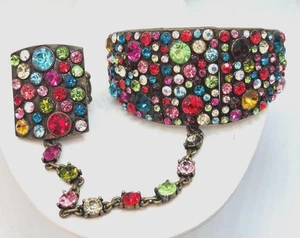 Multicolor Strass Hand Kette Armband mit Ring befestigt Antik Goldfarben A - Bild 1 von 5