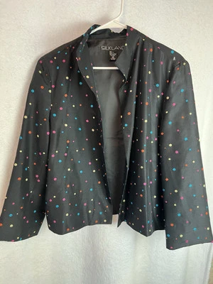 Blazer feminino Silkland 100% seda XL bolinhas bordado jaqueta preta aberta - Imagem 1 de 3