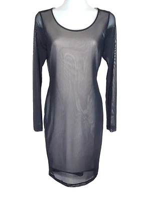 Vestido Carmen Marc Valvo Mediano Negro Malla Transparente Superposición Nude BodyCon Funda Foto 1 de 4