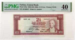 Turkey, Central Bank, 2 1/2 Lira 1930 (ND 1960) - Note #: TUR153a PMG40 - Picture 1 of 2
